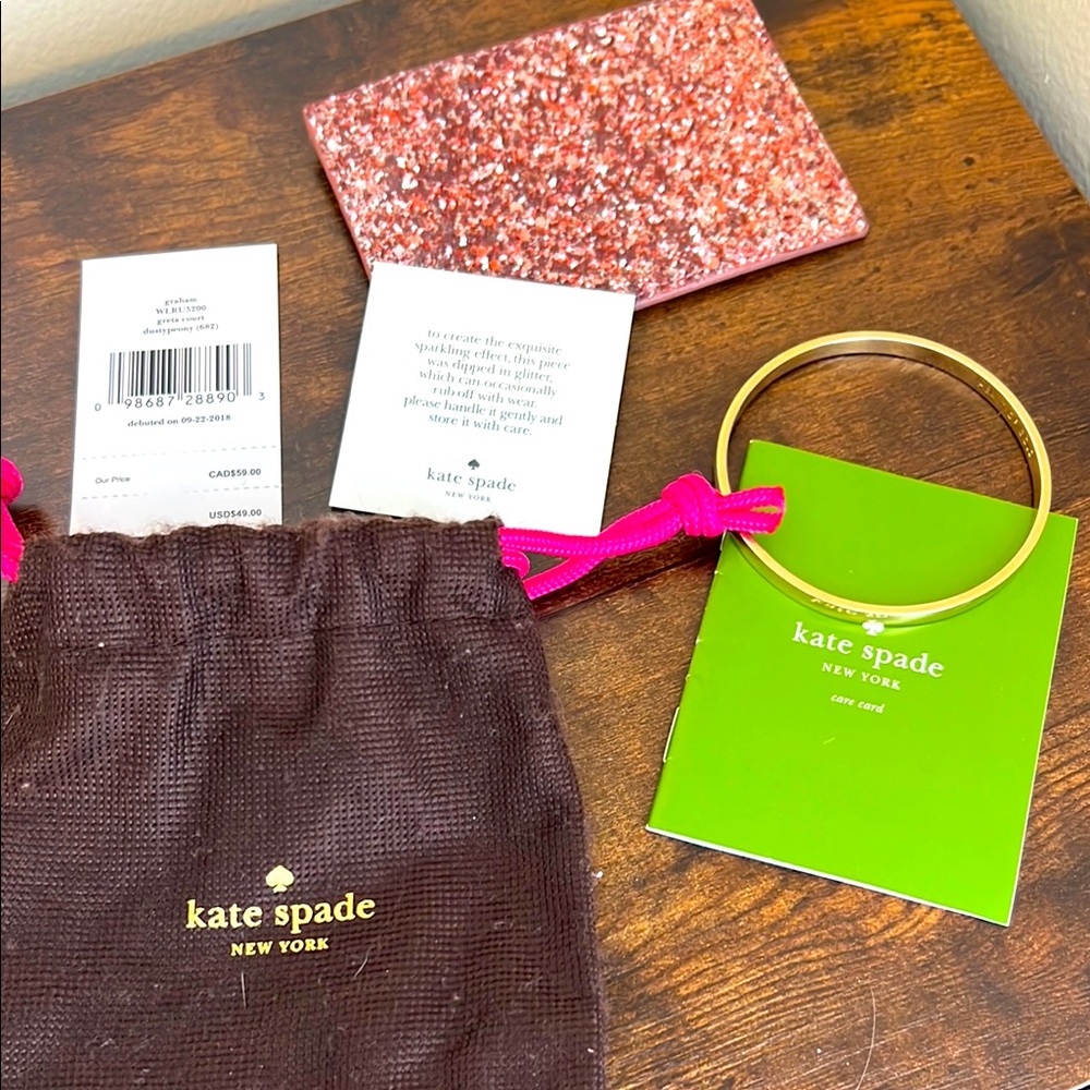 Kate Spade Bundle Heart of Gold Bangle Bracelet and Pink Card Case EUC